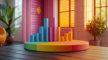Poster - A colorful 3D chart on a wooden table, showcasing data visualization in a vibrant interior with natural light streaming through the windows.