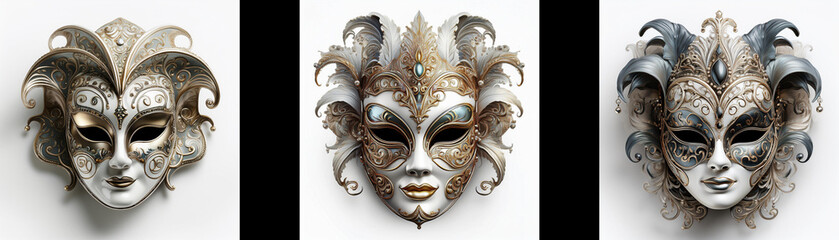 Poster - Three ornate Venetian masks, viewed from an aerial perspective, showcase intricate detailing and varying color palettes.  Each mask possesses a unique aesthetic.