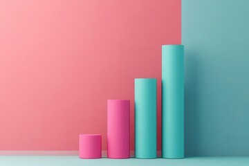 Poster - A minimalist display of colorful cylindrical shapes in pink and teal, arranged in ascending order against a split pastel background.