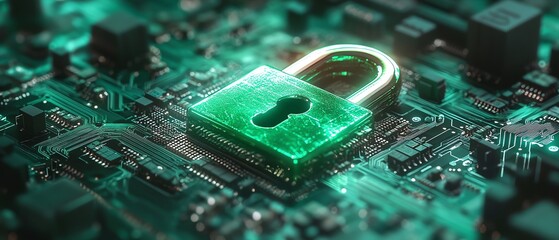 Poster - A metallic green padlock icon with a futuristic design, integrated seamlessly into a hightech circuit board background, highlighting encrypted data security