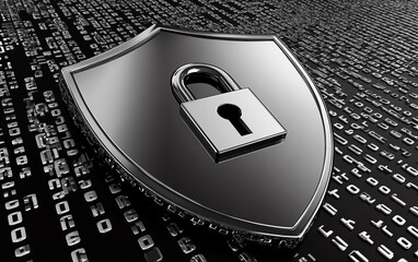 Poster - A metallic shield icon with a robust lock in the center, surrounded by binary code patterns, representing advanced cybersecurity and digital protection