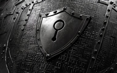 Poster - A metallic shield icon with a robust lock in the center, surrounded by binary code patterns, representing advanced cybersecurity and digital protection