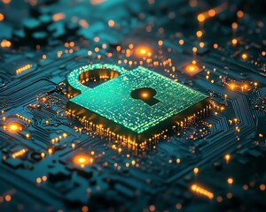 Poster - A vibrant green padlock icon glowing softly, positioned at the center of an intricate circuit board background, symbolizing data encryption and secure networks