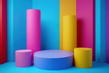 Poster - A vibrant arrangement of geometric shapes in bright colors, featuring pink, yellow, and blue elements against a colorful backdrop.
