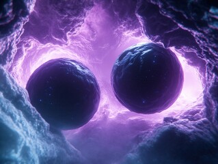 Wall Mural - two celestial bodies orbiting in a purple nebula cosmic scene