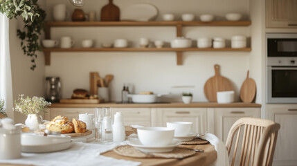 Wall Mural - Cozy scandinavian style kitchen interior with wooden shelving and minimalist decor