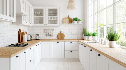 Wall Mural - Bright scandinavian kitchen interior with white cabinets and natural accents