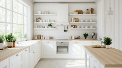 Wall Mural - Modern scandinavian kitchen with minimalist design and white cabinetry for interior inspiration