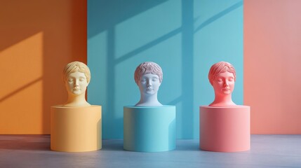 Poster - Three colorful busts displayed against vibrant backgrounds, showcasing modern art and design aesthetics.