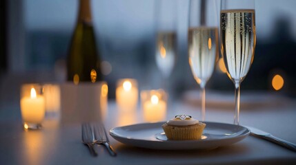 Poster - A romantic table setting with a diamond engagement ring on a dessert plate, soft candlelight, and champagne glasses in the background for a Valentine s proposal scene