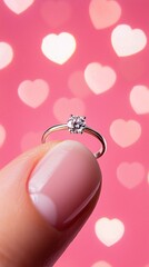 Poster - a bride-to-be admiring her new engagement ring with a dreamy bokeh background filled with heart-shap
