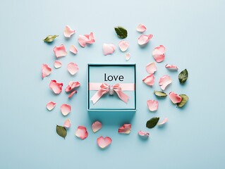 Poster - A flat lay of an open engagement ring box with a velvet ribbon, rose petals, and a 