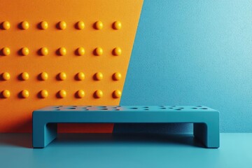 Poster - A minimalist design featuring a blue platform against a vibrant orange and textured blue wall with raised dots.