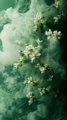 Sticker - White Flowers in Green Smoke: Dreamy Botanical Photography