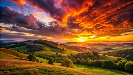 Wall Mural - Panoramic Landscape Photography: Serene Sunset Over Rolling Hills