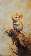 Wall Mural - Adorable Mouse on Branch: A Whimsical Painting