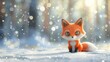 © Brynjar - Red cute fox cub on the background of a snowy fairy tale winter forest with bokeh light and copy space. Cartoon illustration 3d. Christmas greeting card.