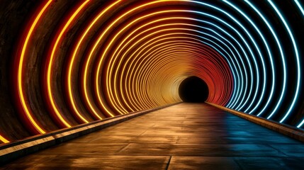 Poster - Futuristic abstract tunnel with vibrant neon lights in red and blue against a dark background