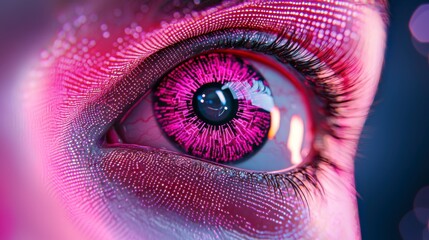 Poster - Futuristic close-up of an eye with glowing pink digital patterns and intricate textures reflecting advanced technology