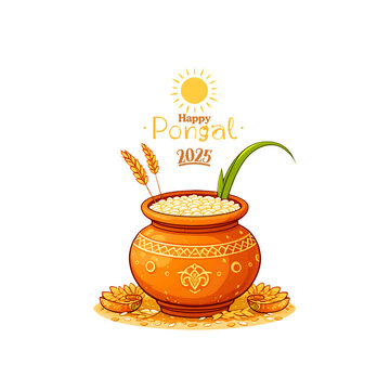Happy Pongal 2025, stylized illustration, traditional South Indian harvest festival.