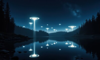 Poster - Mysterious UFOs illuminate a tranquil lake