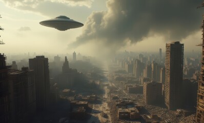 Poster - Eerie skyline with UFO above a desolate city