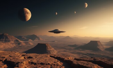 Poster - Futuristic UFO over alien landscape