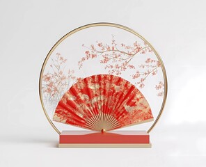 Poster - 3D rendering of a podium mockup with red and gold Chinese New Year decorations on a white background. The design features a fan-shaped pattern and a golden circular frame