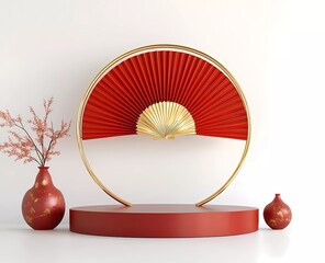 Poster - 3D rendering of a podium mockup with red and gold Chinese New Year decorations on a white background. The design features a fan-shaped pattern and a golden circular frame