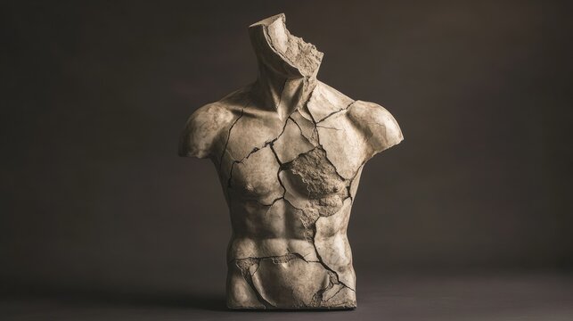 Cracked ancient statue torso against dark background