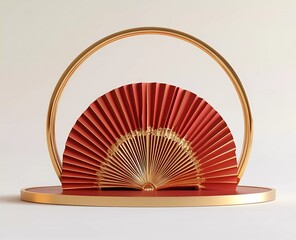 Poster - 3D rendering of a podium mockup with red and gold Chinese New Year decorations on a white background. The design features a fan-shaped pattern and a golden circular frame