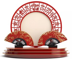 Poster - 3D rendering of a podium with red and gold Chinese New Year decorations, against a white background, with a circular frame and Chinese fan decorations