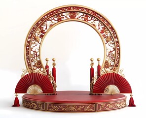 Poster - 3D rendering of a podium with red and gold Chinese New Year decorations, against a white background, with a circular frame and Chinese fan decorations