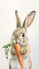 Wall Mural - 3. A rabbit nibbling on a carrot, its paws holding the vegetable, with a clean white background