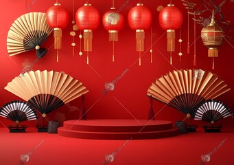 Poster -  red background with an arch and paper fans, a circular podium in the center of the picture, Chinese lanterns hanging on both sides, a red and gold color scheme