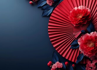 Poster - Abstract background for product presentation, mockup with a red fan and peonies on a dark blue background, minimalistic design,