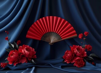 Poster - Abstract background for product presentation, mockup with a red fan and peonies on a dark blue background, minimalistic design,