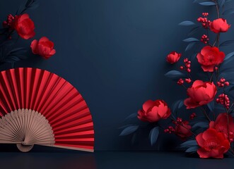 Poster - Abstract red fan-shaped decoration with peonies and other flowers floating in the air, podium display for product presentation, mockup design background