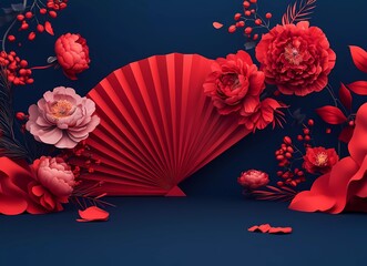 Poster - Abstract red fan-shaped decoration with peonies and other flowers floating in the air, podium display for product presentation, mockup design background