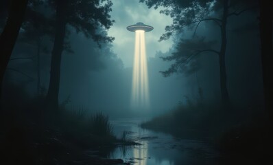 Poster - Mysterious UFO hovering in foggy forest