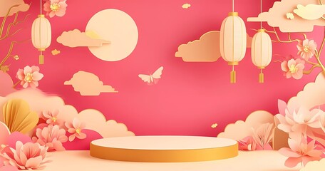 Leinwandbilder - The background of the Mid-Autumn Festival is pink, with golden auspicious clouds and lanterns hanging on it. There's an empty circular podium in front for product display.