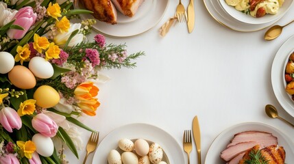 Wall Mural - Colorful spring easter brunch with floral centerpiece, ham, eggs, and vegetables