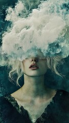 Poster - Surreal Woman Hidden by Clouds: Dreamy, Enigmatic Portrait