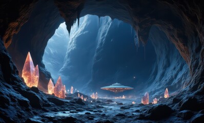 Poster - Mysterious cave with glowing crystals and spaceship