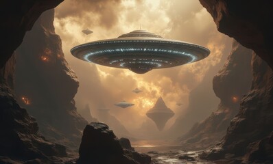 Poster - Futuristic alien spacecraft in dramatic landscape