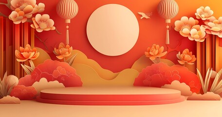 Leinwandbilder - The Mid-Autumn Festival background with paper-cut style of the moon, flowers, and lanterns decoration vector illustration design, podium for product display presentation