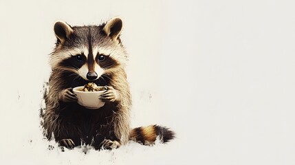 Wall Mural - 72. A raccoon eating from a bowl, seated in front of a minimal white background