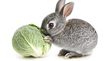 Wall Mural - 74. A rabbit munching on a cabbage, sitting calmly on a white background