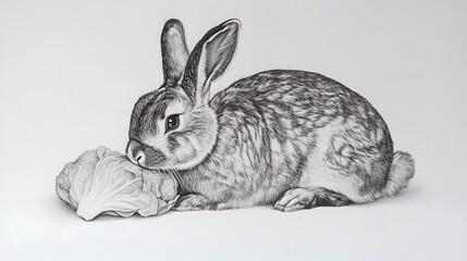 Wall Mural - 74. A rabbit munching on a cabbage, sitting calmly on a white background