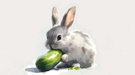 Wall Mural - 89. A rabbit munching on a cucumber, with its eyes focused on the meal, set against white